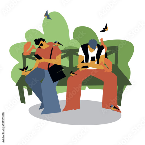 Internet addiction. Modern flat style. Vector illustration. Phone as a source of communication. People and gadgets. Two guys are looking at smartphones in the park, surrounded by animals.