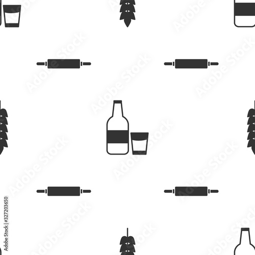 Set Cereals with rice, wheat, corn, oats, rye, Glass bottle with milk and glass and Rolling pin on seamless pattern. Vector