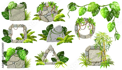 Stone boards decoration liana branches and tropical leaves. Set isolated cartoon vector circle, triangle and square frames with space for text on white background.