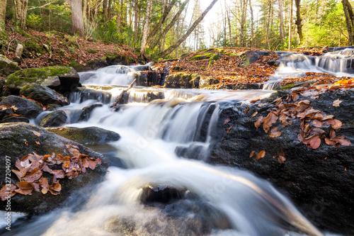 Long exposure photography of a beautiful river stream in a forest at fall season in Canada