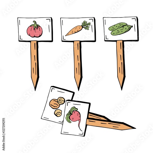 Style color wooden garden plant markers with vegetable. Collection isolated elements green brown red on white background. Hand drawn vector illustration object for gardening design.