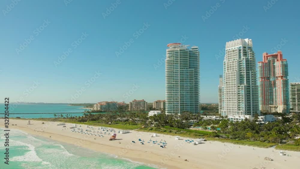 Aerial drone view flight over Miami beach. South Beach sand and sea, ocean from above at sunny day. Drone flies forward near South Beach, Miami, Florida. Aerial view of skyscrapers in Miami Beach, 4k. Aerial drone view flight over Miami beach. South Beach sand and sea, ocean from above at sunny day. Drone flies forward near South Beach, Miami, Florida. Aerial view of skyscrapers in Miami Beach, 4k.
