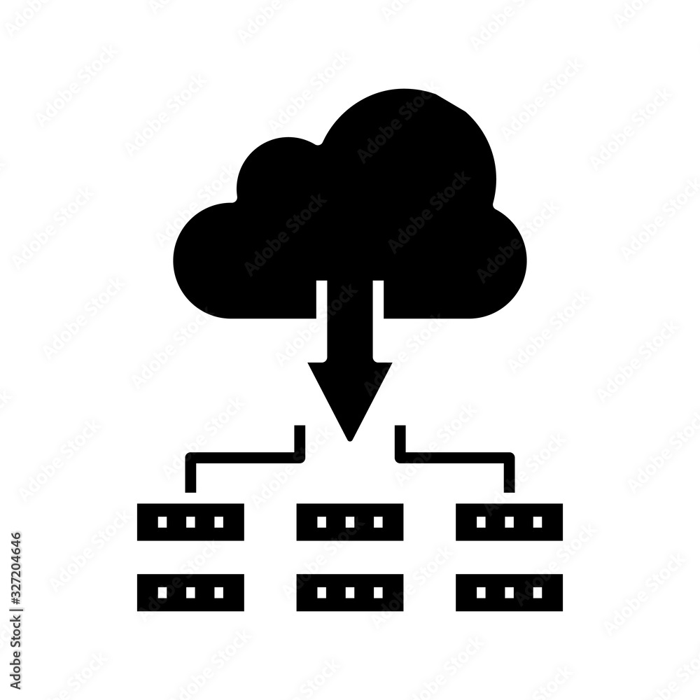 Cloud data distribution black icon, concept illustration, vector flat symbol, glyph sign. Cloud data distribution black icon, concept illustration, vector flat symbol, glyph sign.