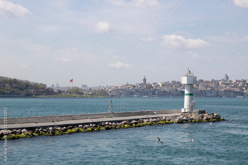 Port and lighthouse in front of Haydarpasa pier. Close up.