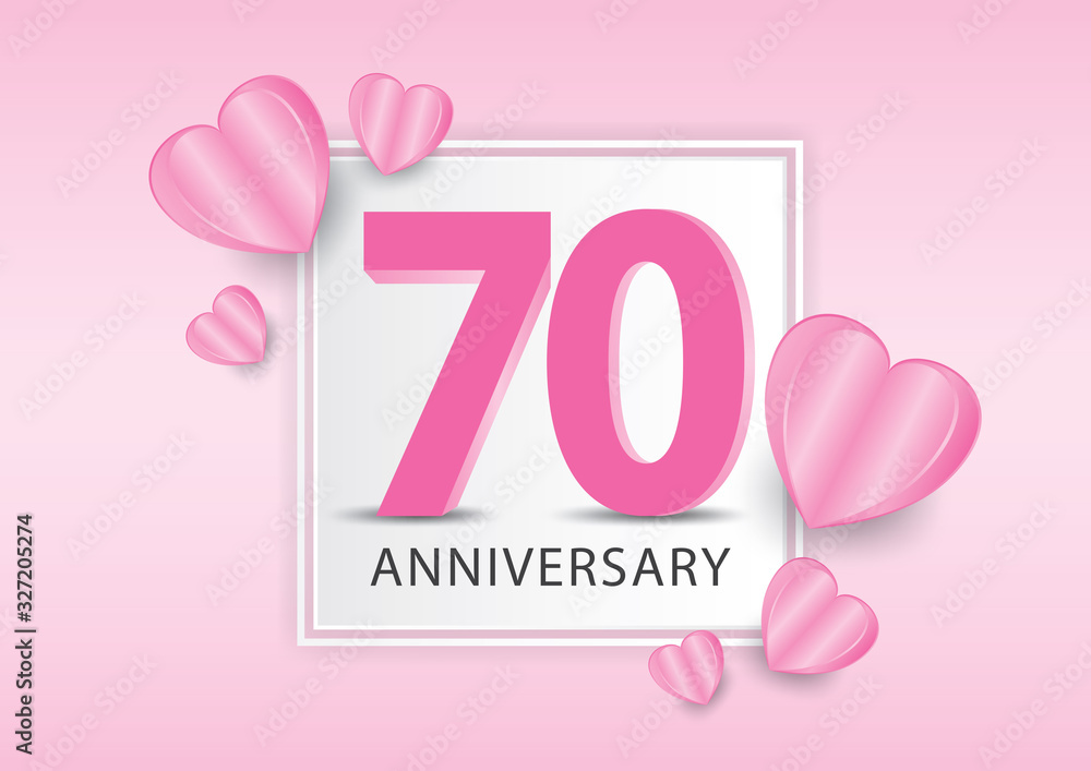 70 Years Anniversary Logo Celebration With heart background. Valentine’s Day Anniversary banner vector template