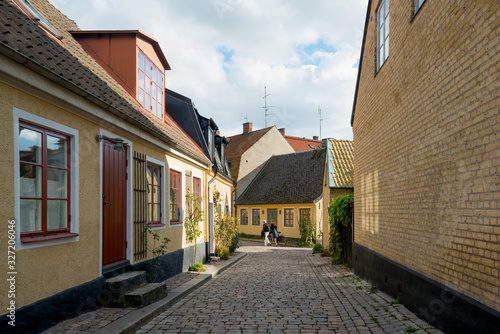 University town Lund  southern Sweden. Colorful houses in cobblestone street in the city center.