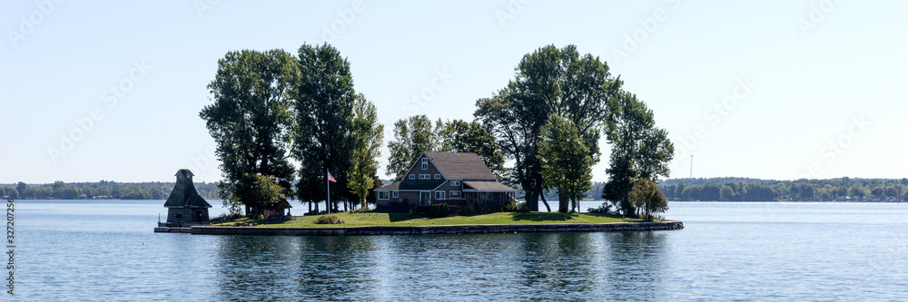 Fototapeta premium Panoramic image. One Island in Thousand Islands Region of New York State. USA
