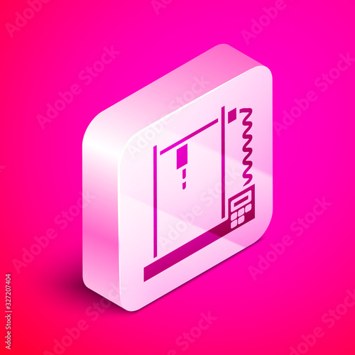 Isometric 3D printer icon isolated on pink background. Silver square button. Vector Illustration