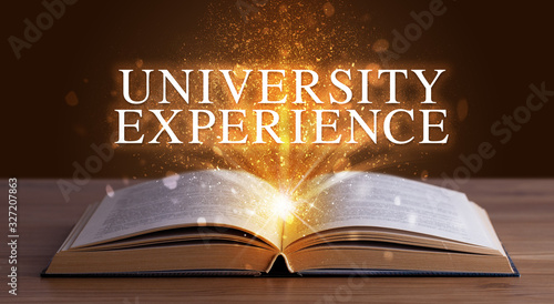 UNIVERSITY EXPERIENCE inscription coming out from an open book, educational concept
