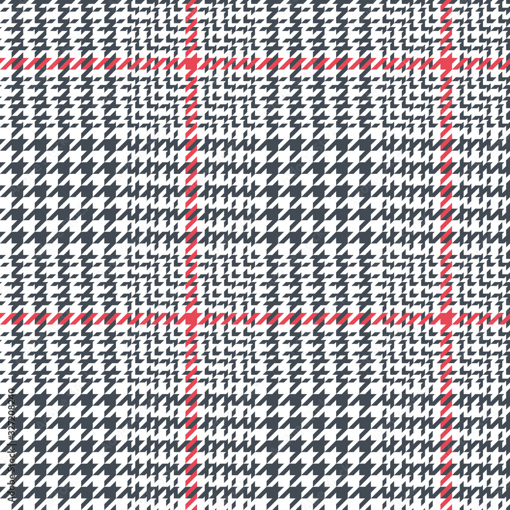 Seamless glen plaid tartan pattern. Tweed check plaid abstract background texture in blue grey, coral pink, and white for jacket, skirt, dress, or other modern spring and summer textile design.