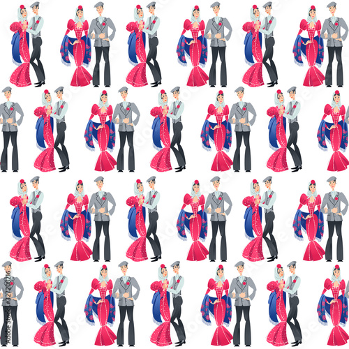 Dancing couple in traditional clothes during the festival of “San Isidro” (Fiestas de San Isidro), patron of Madrid. Seamless background pattern.
