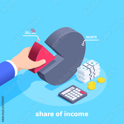 isometric vector image on a blue background, a man in a business suit takes a red chart part, calculator and money, share of income