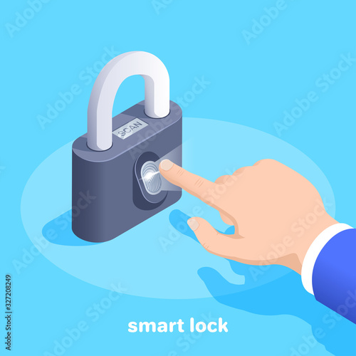 isometric vector image on a blue background, a man in a business suit holds his finger to the lock and scans a fingerprint, smart lock