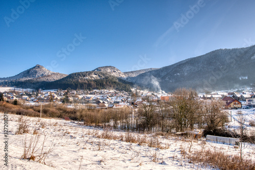 village in slovakia in mountains ruins covered with snow, slovakia Valaska Dubova