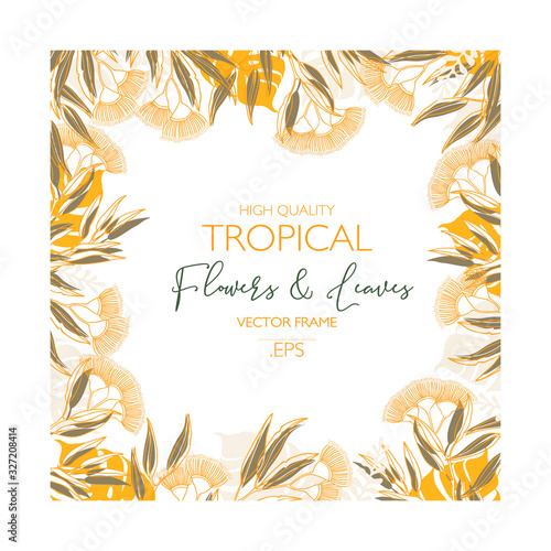 Vector Design Vector frame template with tropical green leaves and flowers on white background. Card with place for text. Spring or summer Trendy design
