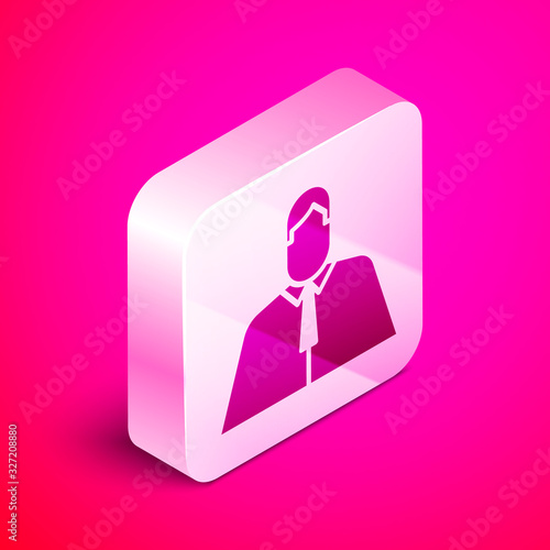 Isometric Lawyer, attorney, jurist icon isolated on pink background. Jurisprudence, law or court icon. Silver square button. Vector Illustration