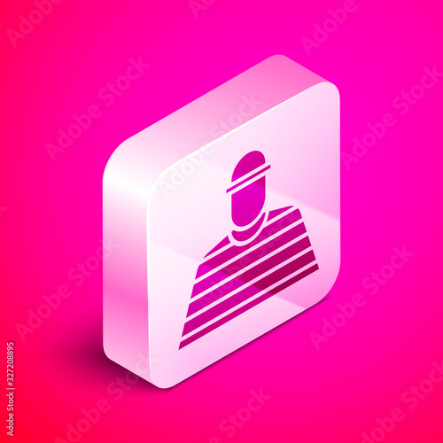 Isometric Prisoner icon isolated on pink background. Silver square button. Vector Illustration