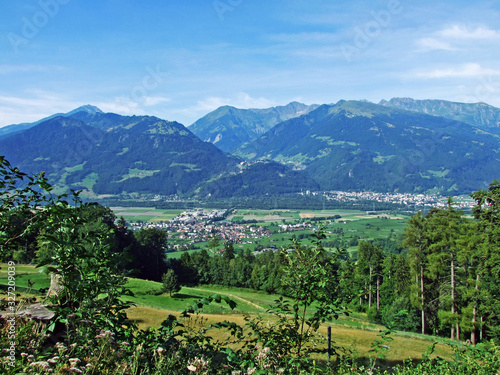 View of the river Rhine Valley in the Bündner Herrschaft (Buendner Herrschaft) region, Mainfeld - Canton of Grisons (Graubünden or Graubuenden), Switzerland photo