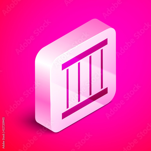 Isometric Prison window icon isolated on pink background. Silver square button. Vector Illustration