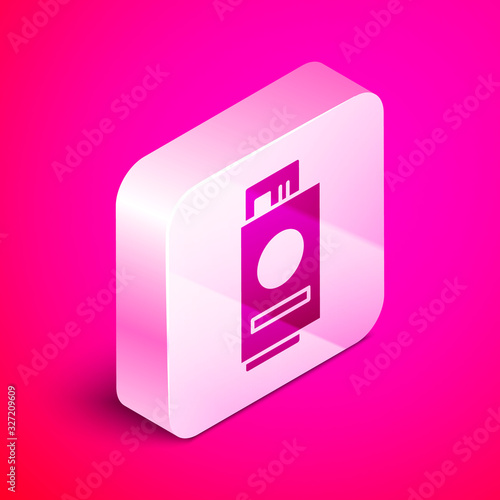 Isometric Passport with ticket icon isolated on pink background. Identification Document. Concept travel and tourism. Silver square button. Vector Illustration