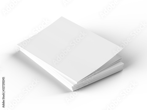 Open magazines with a glued binding. Stack of catalogues. Vertical A4 format. 3d illustration.