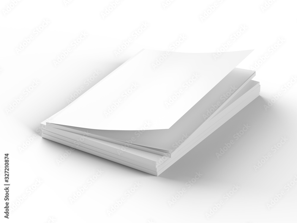 Open magazines with a glued binding. Stack of catalogues. Vertical A4 format. 3d illustration. Open magazines with a glued binding. Stack of catalogues. Vertical A4 format. 3d illustration.