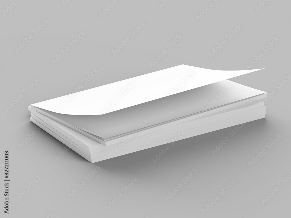 Open magazines with a glued binding. Stack of catalogues. Vertical A4 format. 3d illustration. Open magazines with a glued binding. Stack of catalogues. Vertical A4 format. 3d illustration.