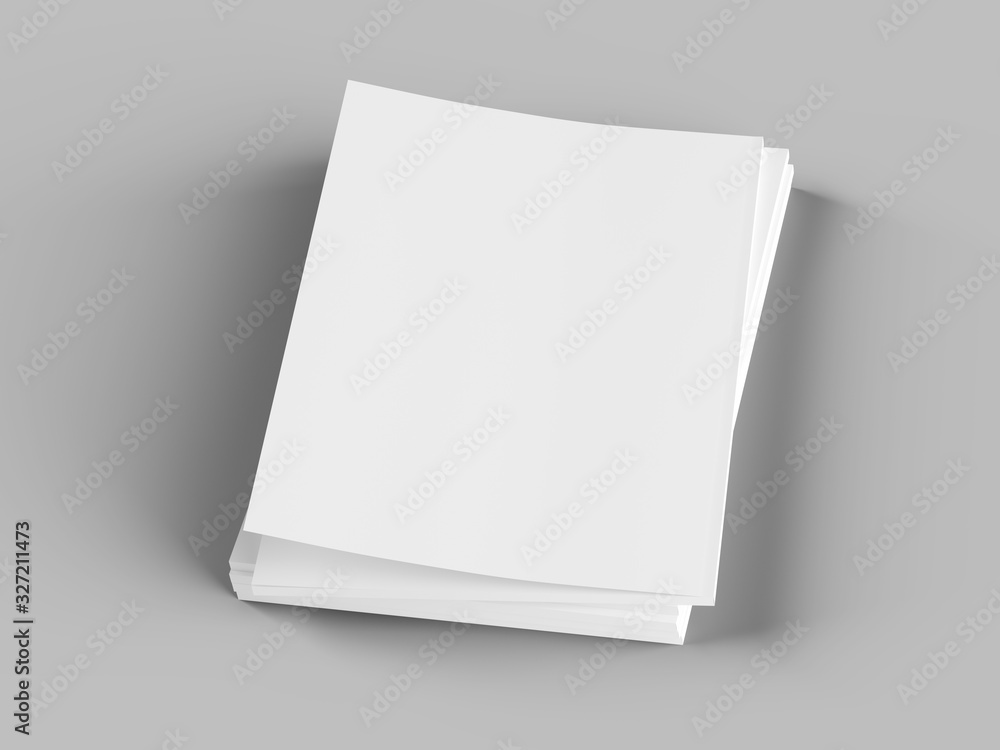 Open magazines with a glued binding. Stack of catalogues. Vertical A4 format. 3d illustration. Open magazines with a glued binding. Stack of catalogues. Vertical A4 format. 3d illustration.