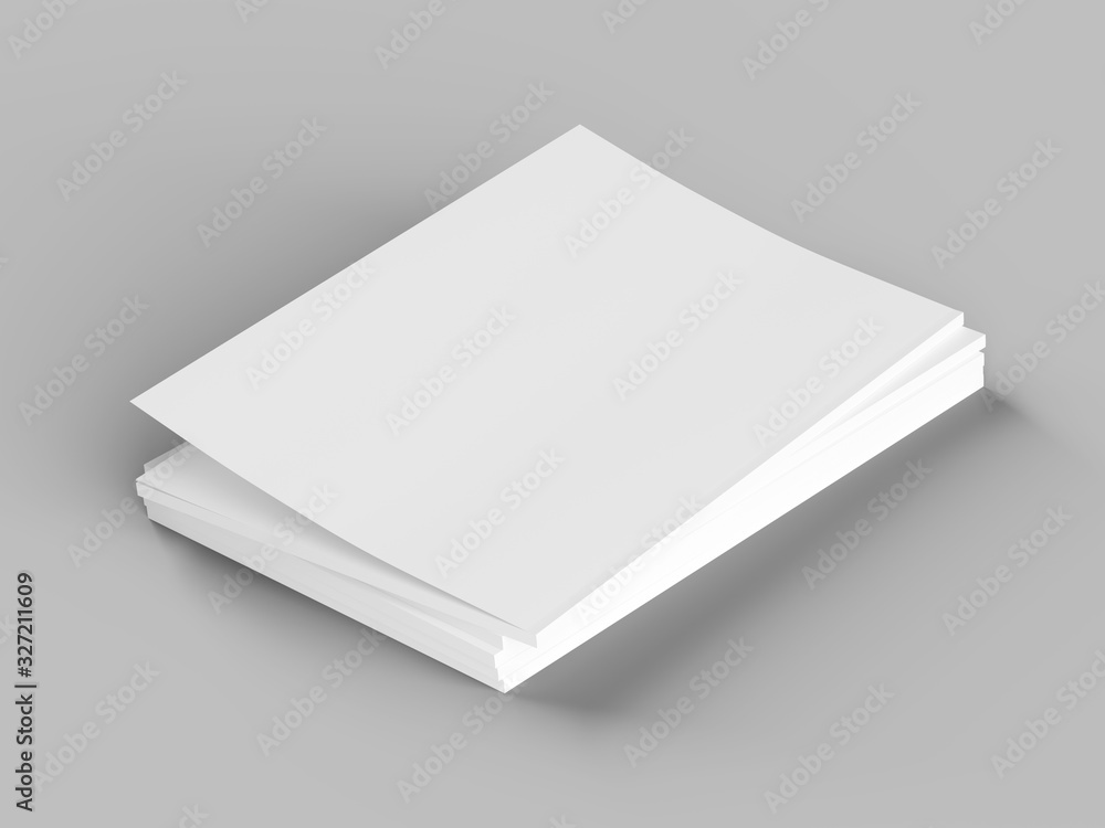 Open magazines with a glued binding. Stack of catalogues. Vertical A4 format. 3d illustration. Open magazines with a glued binding. Stack of catalogues. Vertical A4 format. 3d illustration.