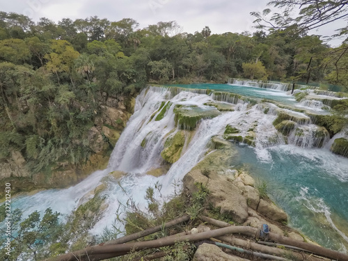 Unbelievable summer morning scene on the Waterfall (EL SALTO-EL MECO) san luis potosi Mexico,Colorful sunrise . Beauty of nature concept background. photo