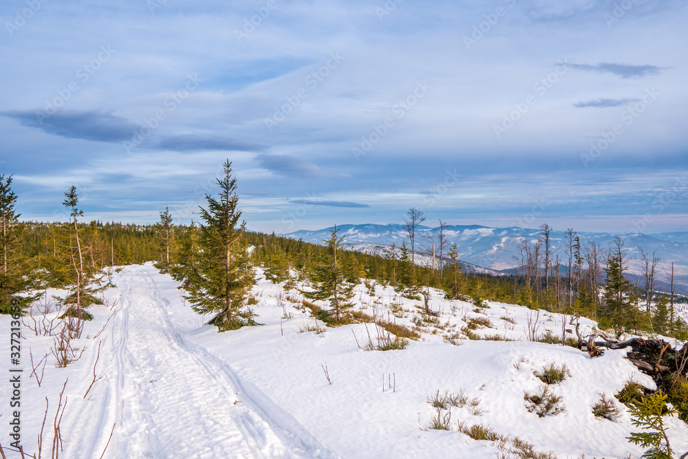 Winter landscape in mountains at sunshine day with beautiful clouds, Poland Beskids Winter landscape in mountains at sunshine day with beautiful clouds, Poland Beskids
