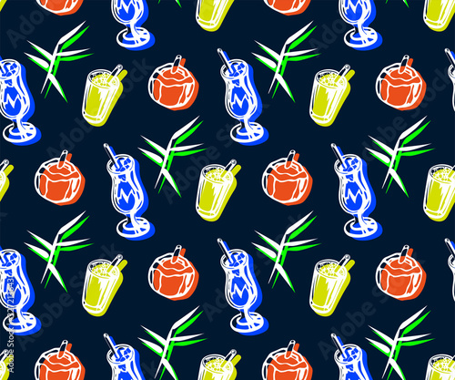 Seamless pattern with Cocktail drinks. Hand drawn ink illustration. Vector pattern. Print for textile, cloth, wallpaper, scrapbooking