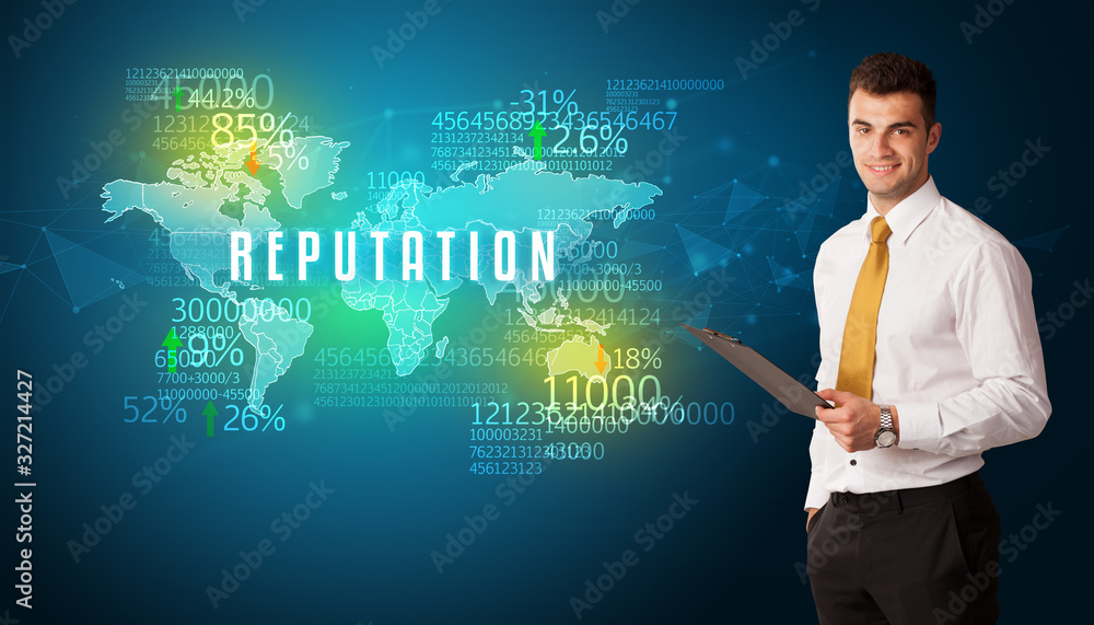 Businessman in front of a decision with REPUTATION inscription, business concept Businessman in front of a decision with REPUTATION inscription, business concept