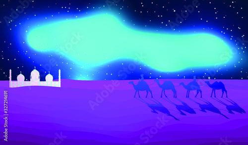 Panoramic Landscape of the Desert. Caravan of Camels Goes to the Arabic Oasis at Night. Aurora Borealis in Tropics.