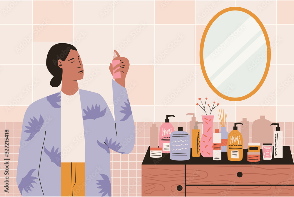 Woman moisturizing her face with water or toner. Woman doing makeup. Girl standing in bathroom holing sprayer. Concept of beauty, skincare, makeup. Flat vector illustration Woman moisturizing her face with water or toner. Woman doing makeup. Girl standing in bathroom holing sprayer. Concept of beauty, skincare, makeup. Flat vector illustration