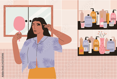 Woman applying mascara on her eyelashes. Woman doing makeup. Girl standing in bathroom holing mascara brush and little oval mirror. Concept of beauty, skincare, makeup. Flat vector illustration