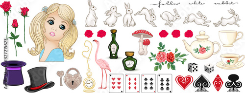 Alice in wonderland set. Alice, rabbit, cat, queen and other elements for design. Clip art, set of elements for design. Vector illustration..