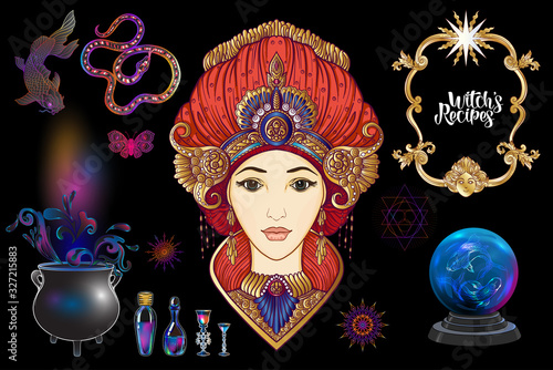 Young woman witch with cauldron, magician plants and animals Clip art, set of elements for witchcraft design. Colored vector illustration..