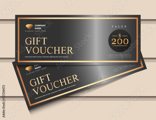 Gift voucher template with glitter gold luxury elements. Vector illustration. Design for invitation, certificate, gift coupon, ticket, voucher.