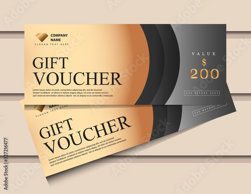 Gift voucher template with glitter gold luxury elements. Vector illustration. Design for invitation, certificate, gift coupon, ticket, voucher.