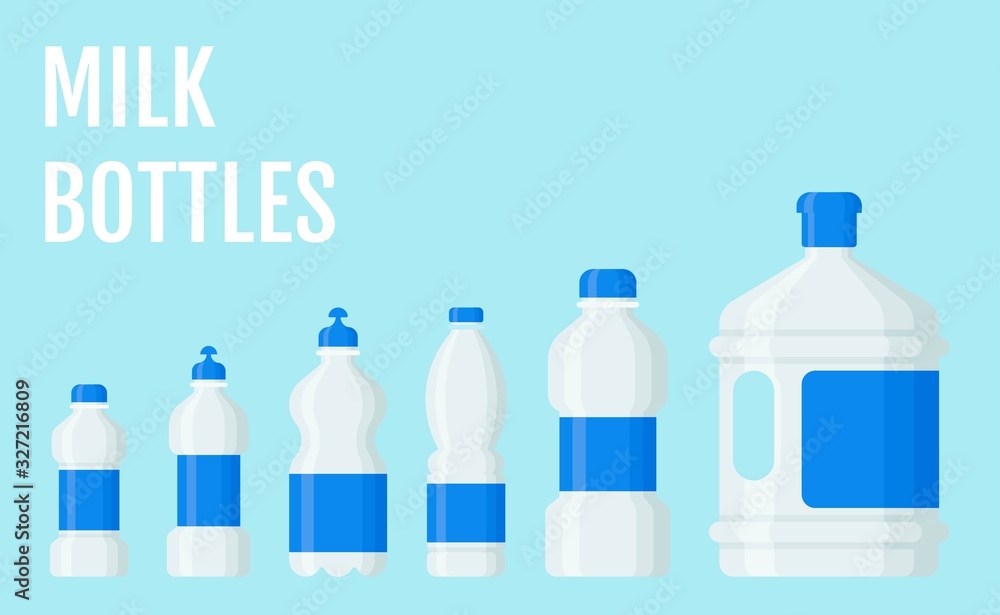 bottles related plastic milk bottles with cap and label vectors illustrations in flat style, bottles related plastic milk bottles with cap and label vectors illustrations in flat style,