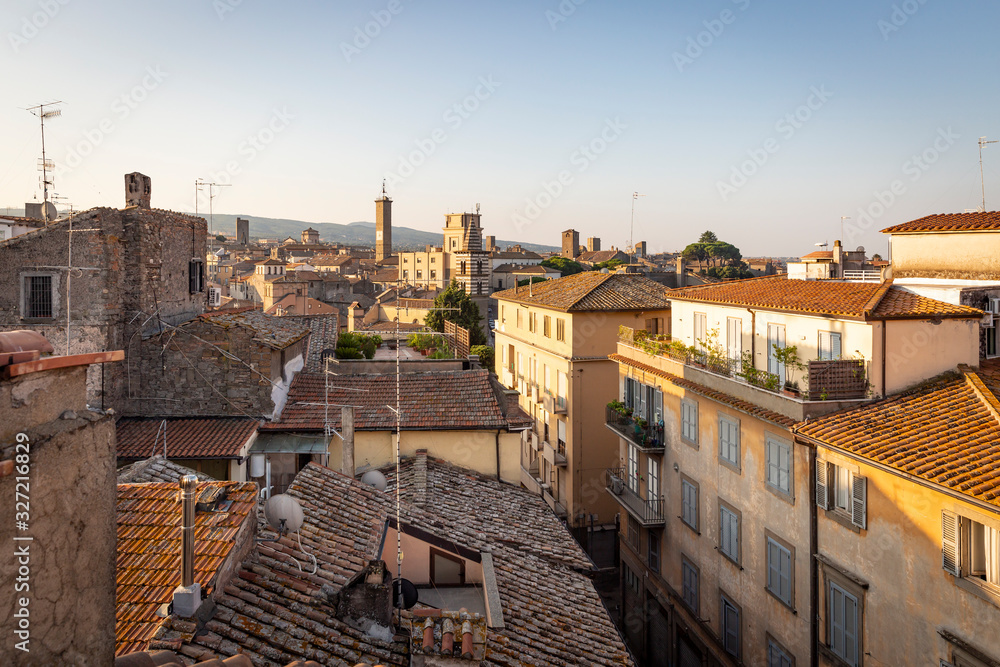 cityscape with a view over the roofs of Viterbo city at sunrise, Lazio, Italy
