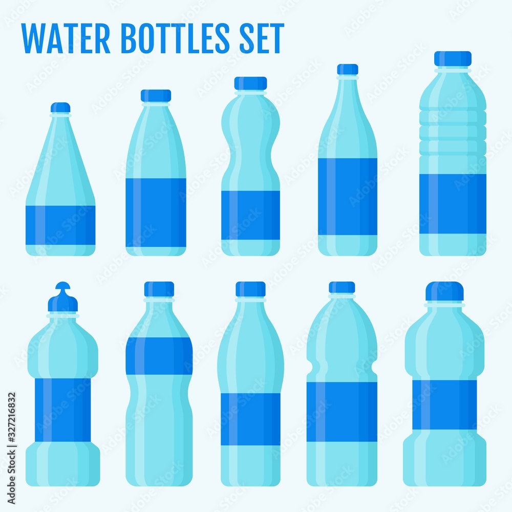 bottles related plastic water bottles in large and small size with caps and labels vectors illustration in flat design, bottles related plastic water bottles in large and small size with caps and labels vectors illustration in flat design,