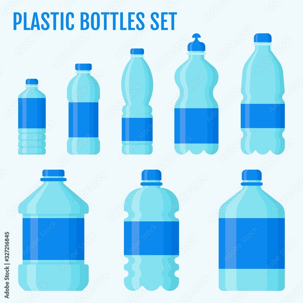 bottles related plastic water bottles in large and small size with caps and labels vectors illustration in flat design, bottles related plastic water bottles in large and small size with caps and labels vectors illustration in flat design,