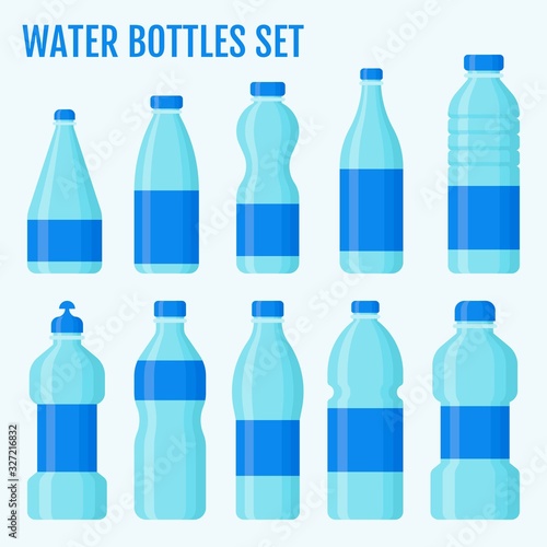 bottles related plastic water bottles in large and small size with caps and labels vectors illustration in flat design,