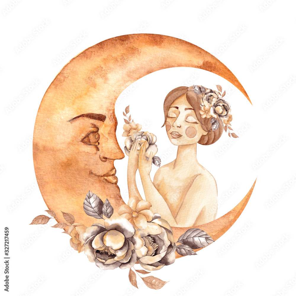 Watercolor illustration with vintage girl, moon and flowers, hand draw ...