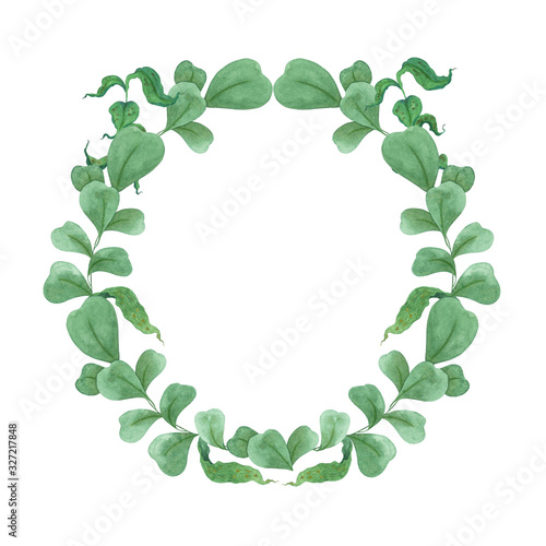 Eucalyptus branches and leaves in a watercolor wreath.