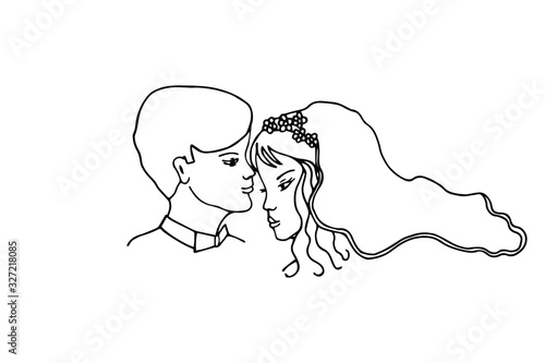 girl and boyfriend together, bride and groom. eps10 vector stock illustration. hand drawing