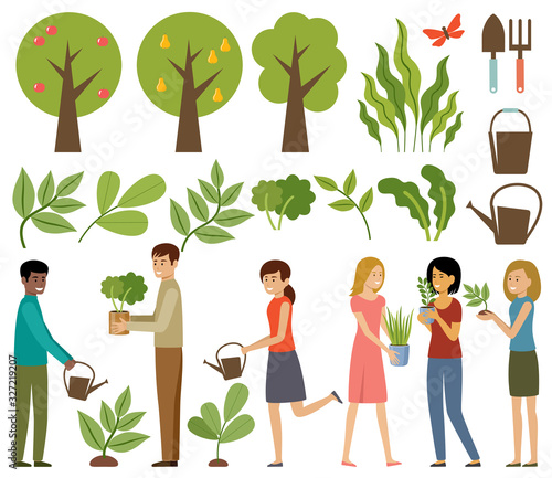 Gardening. Trees and plants. People with flowers