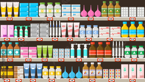 Pharmacy shelves with medicine.Vitamins, medicines, pills, ointments